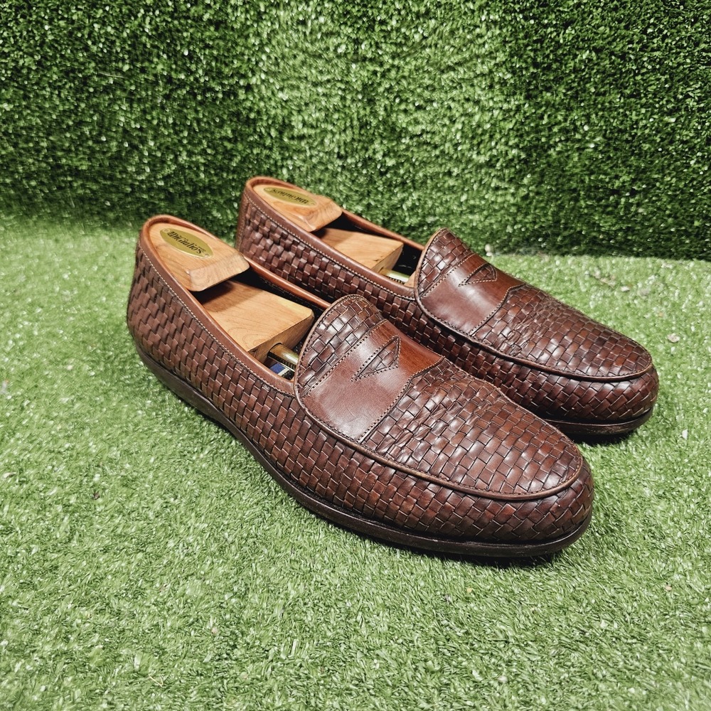 Bragano Brown Leather Slip On Woven Penny Loafer Dress Shoes Mens Size 10 M‎
